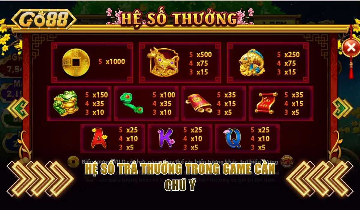Cung Hỷ Phát Tài Go88 - Không Gian Săn Thưởng Sắc Xuân Thú Vị 3 Hệ số trả thưởng trong game cần chú ý
